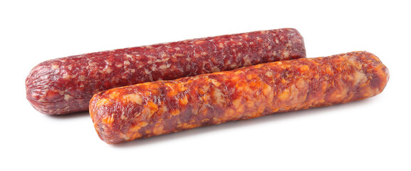 Delicious dry cured sausages isolated on white