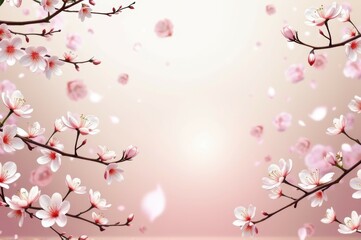 Cherry blossoms on branches with soft falling petals and pink background