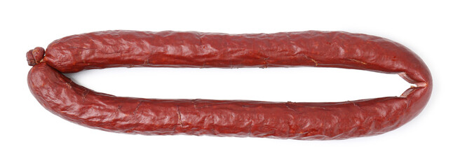 Delicious thin smoked sausage isolated on white, top view