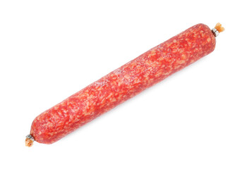 Delicious dry cured sausage isolated on white, top view