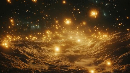 Golden Waves Under Starry Sky with Sparkling Light Effects