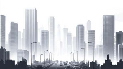Fototapeta premium Urban Landscape with Skyscrapers and Fog in Monochrome Style