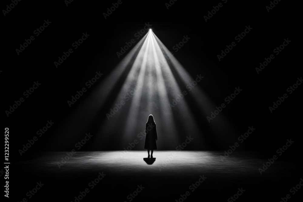 Poster a simple, clean representation of a spotlight shining on a single standing figure, with the rest of 