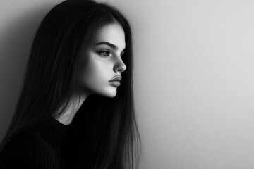 Naklejka premium Monochrome profile portrait, long dark hair, looking away.