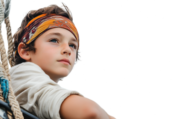 Young Pirate Reflecting at Ship's Bow with Clear Horizon transparent background	
