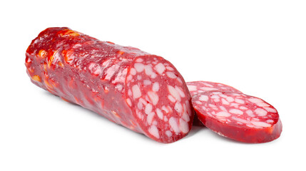 Delicious dry cured sausage isolated on white