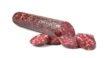 Delicious dry cured sausage isolated on white