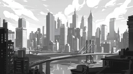 Monochrome Cityscape with Bridges and Skyscrapers in Urban Landscape