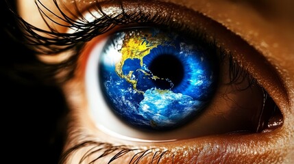 Global vision symbolized by a world map embedded in a human eye.