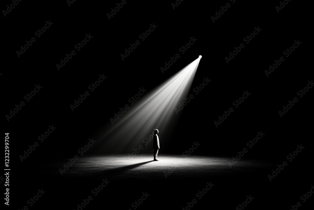 Poster A simple, clean representation of a spotlight shining on a single standing figure, with the rest of the area dimmed