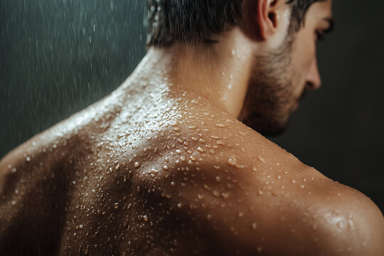 Handsome man in shower, wet back shoulder skin texture close up detail. Lifestyle and skincare concept.