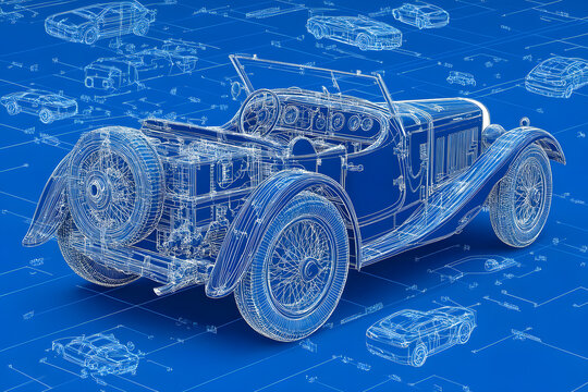 Technische Blaupause eines Oldtimers &ndash; Detaillierte 3D-Illustration eines historischen Fahrzeugs  