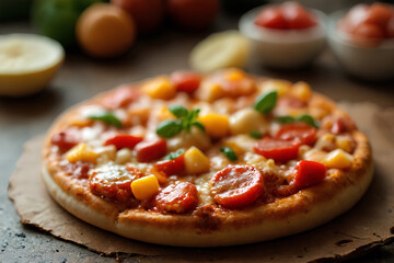 pizza with salami and tomatoes