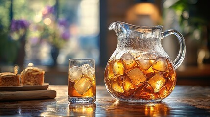 Refreshing pitcher of iced tea with glass, warm kitchen ambiance, and baked goods in background