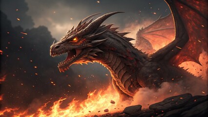 Infernal Fire Dragon Bursting Through a Wall of Flames with Lava-Drenched Claws and Eyes That Burn Like Molten Gold