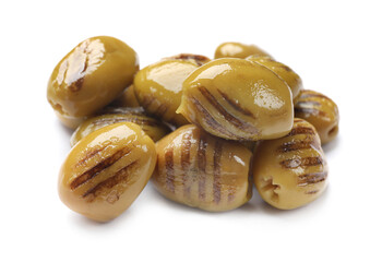 Many grilled green olives isolated on white