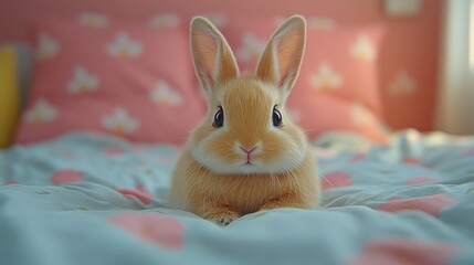 Cute bunny on bed, pink room, floral bedding, pet portrait