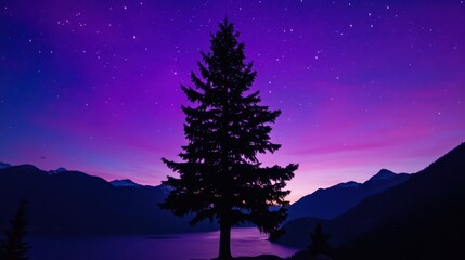 Naklejka premium Lone pine tree silhouetted against a vibrant aurora borealis in a serene landscape, showcasing the natural beauty and tranquility of the northern lights in a breathtaking night sky.