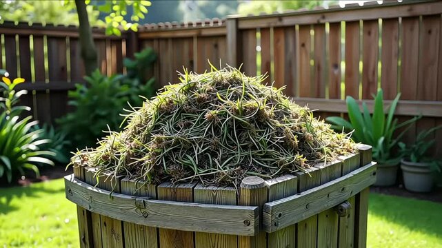 Conpost pile with Organic Waste, mown grass cutting, Composter of bio waste, Composting concept, bin
