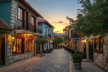 Fototapeta premium Sunset view of a charming cobblestone street in a historic town, with traditional stone buildings and outdoor cafes.