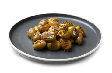 Many grilled green olives isolated on white