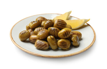 Grilled green olives and lemon wedges isolated on white