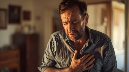 Man Experiencing Chest Pain: A middle-aged man clutches his chest, his face etched with pain and distress, conveying a sense of urgency and concern.