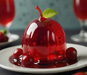 A 3D blob that looks like a wobbly fruit jelly, with a translucent, shiny surface and vibrant color like cherry red or lime green. The blob is set on a plate with a spoon nearby, surrounded by dessert