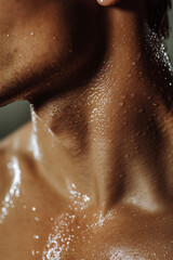 Handsome man in shower, wet neck and shoulder skin texture close up detail. Lifestyle and skincare concept.