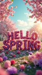 Cherry blossom wonderland with spring message in vibrant floral letters