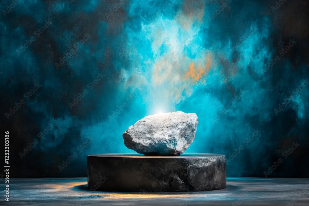 Poster a stylized depiction of a single beam of light illuminating a solitary object in a dark room