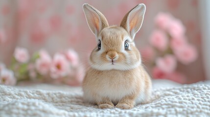 Obraz premium Cute bunny posing, spring flowers, soft blanket