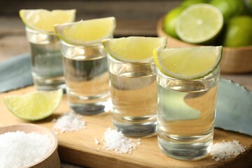 Tequila shots with lime slices, salt and agave leaves on wooden table, closeup
