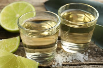 Mexican tequila shots, slices of lime, salt and agave leaves on wooden table, closeup
