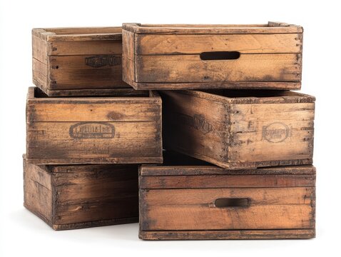 Vintage Stacked Wooden Crates Rustic Charm with Aged Patina and Rough-Hewn Planks These antique wooden crates boast unique branding, ideal for rustic decor, farmhouse style, industrial design, shabby