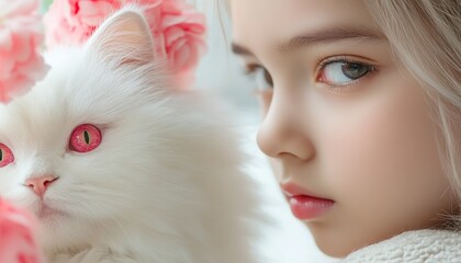 A girl with a white cat, a growth-driven leader fueled by motivation, inspiring progress and continuous learning, sits among beautiful pink flowers This close-up portrait captures the soft lighting