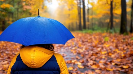 Walking through a misty forest with colorful autumn leaves under an umbrella