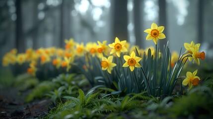 Fototapeta premium A roadside lined with bright yellow daffodils. HD 8K wallpaper Photographic Image