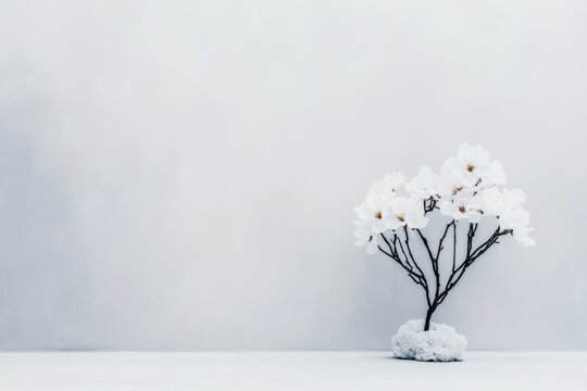 A stylized drawing of a single tree in bloom amidst bare, wintery branches, representing resilience and prominence, on a clean white backdrop