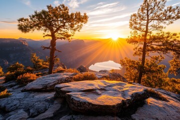 A sunrise over a vast landscape, with the sun rays prominently drawing attention to the horizon