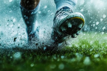 Soccer cleats digging into the grass, capturing the intense motion and energy of a powerful kick.