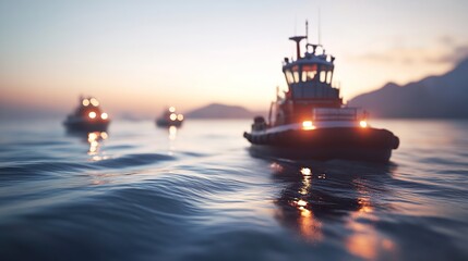 A group of boats with lights on them in the ocean at night, engaged in a search and rescue operation