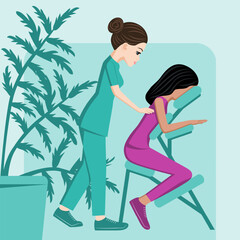 Manual massage. treatment by professional therapist in SPA. Chair Massage Therapy. Isolated flat vector illustration. European and Indian ethnicity.