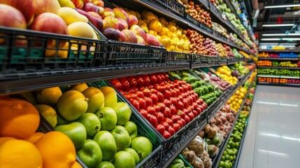 Obraz premium Supermarket aisle filled with fresh produce in vibrant colors