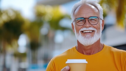 Joyful senior man enjoying coffee and smartphone in vibrant outdoor setting