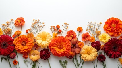 Obraz premium Bright bouquet of orange marigolds, red carnations, and yellow daisies