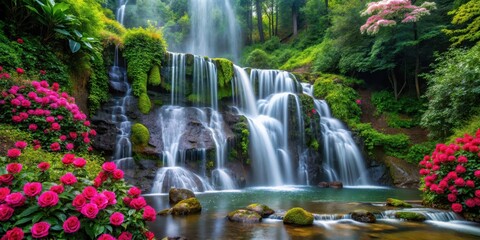Naklejka premium waterfall cascading in a lush forest surrounded by blooming roses, flora, botanical garden
