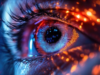 Futuristic eye close up with digital patterns and glowing bokeh lights overlay effect