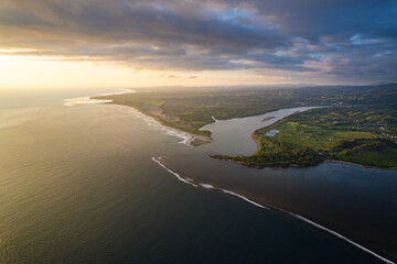 Aerial view of the coral coast Fiji at Sunset on Viti Levu