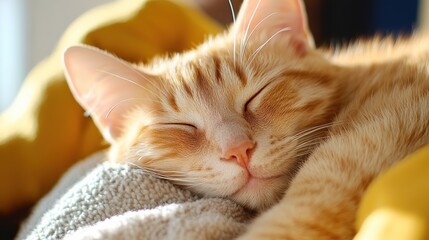 Cozy cat nestled in a warm blanket under morning light